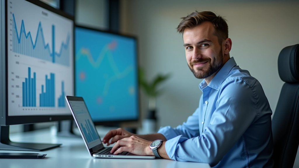 Analytik v kanceláři zkoumá grafy a statistiky spotřebitelské důvěry na obrazovce počítače