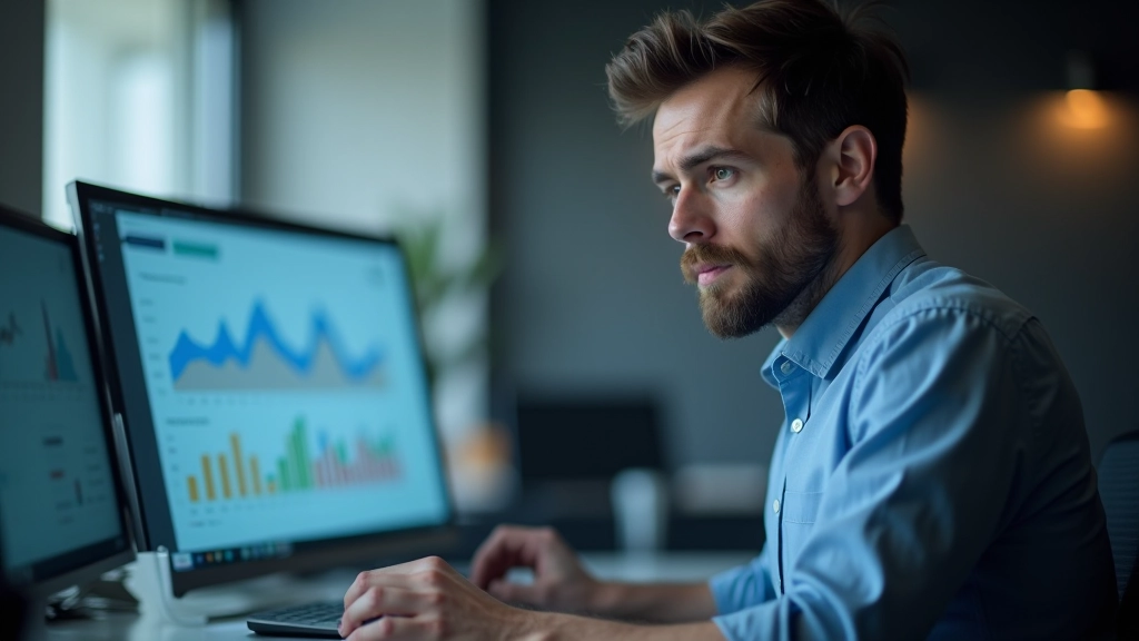 Analytik studující data z obchodní činnosti na počítači se tabulkami a grafy