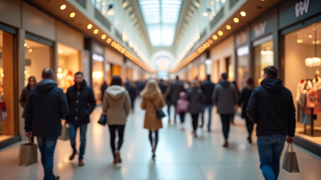 Skupiny lidí nakupují v moderním obchodním centru s viditelným ruchem a aktivitou