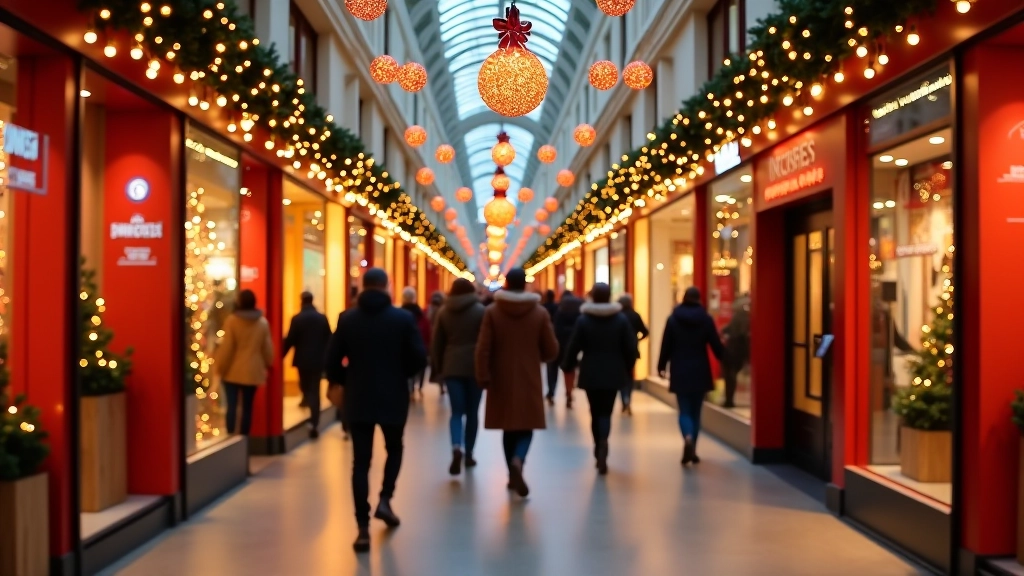 Rušné nákupní centrum během vánočního období s dekoracemi a zaplnenými obchody