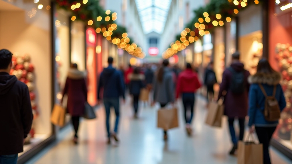 Obchodní centrum plné nakupujících během sezónního období se украšeními