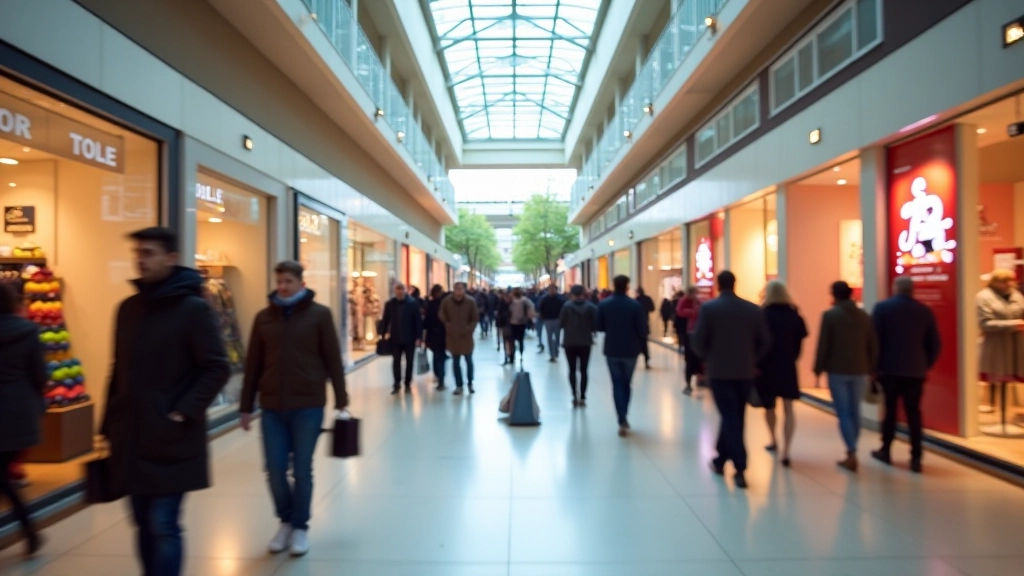 Nákupní centrum s různými obchody a zákazníky procházejícími mezi prodejnami