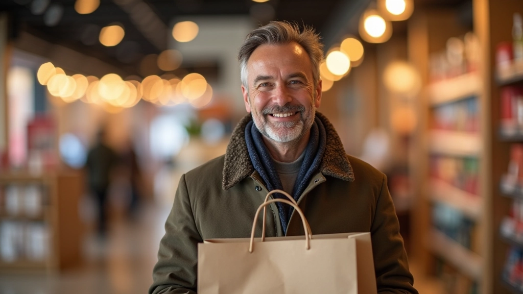 Šťastný zákazník s nákupní taškou v obchodě usmívající se s palcem nahoru