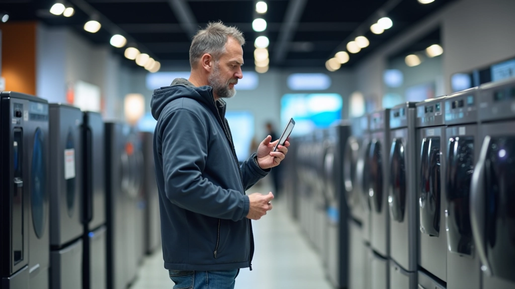 Muž v prodejně domácích elektrozařízení si prohlíží nové produkty s zájmem