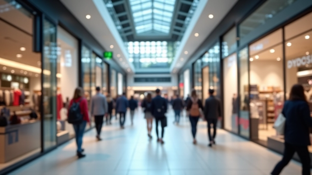 Moderní obchodní centrum s elektronickými panely a nákupními věštci