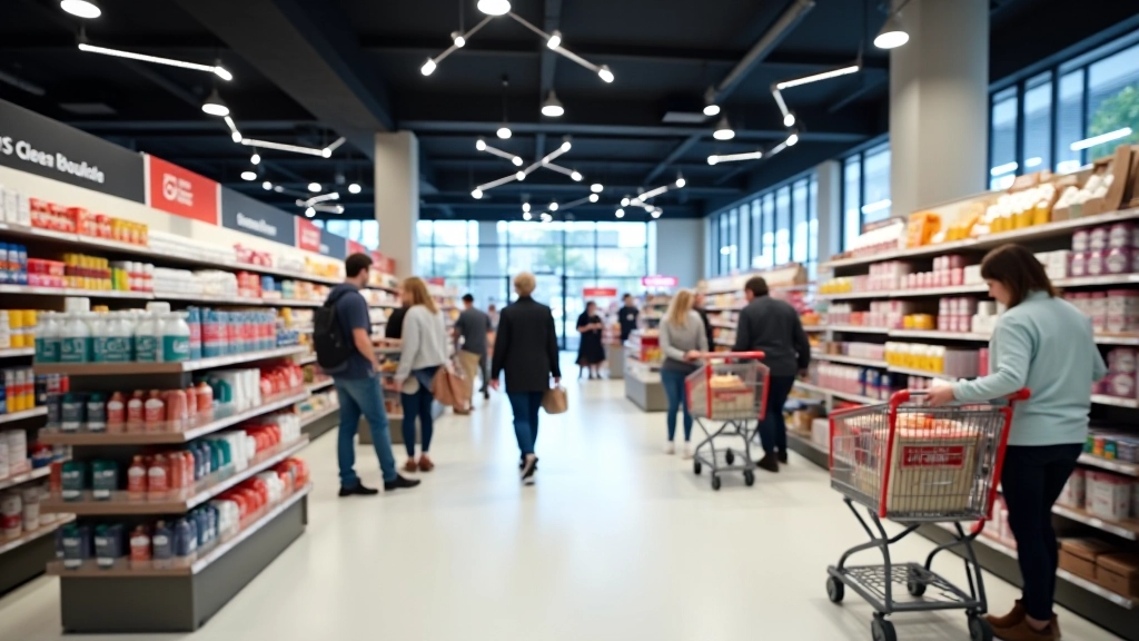 Obchod s regály plnými zboží a nákupními vozíky