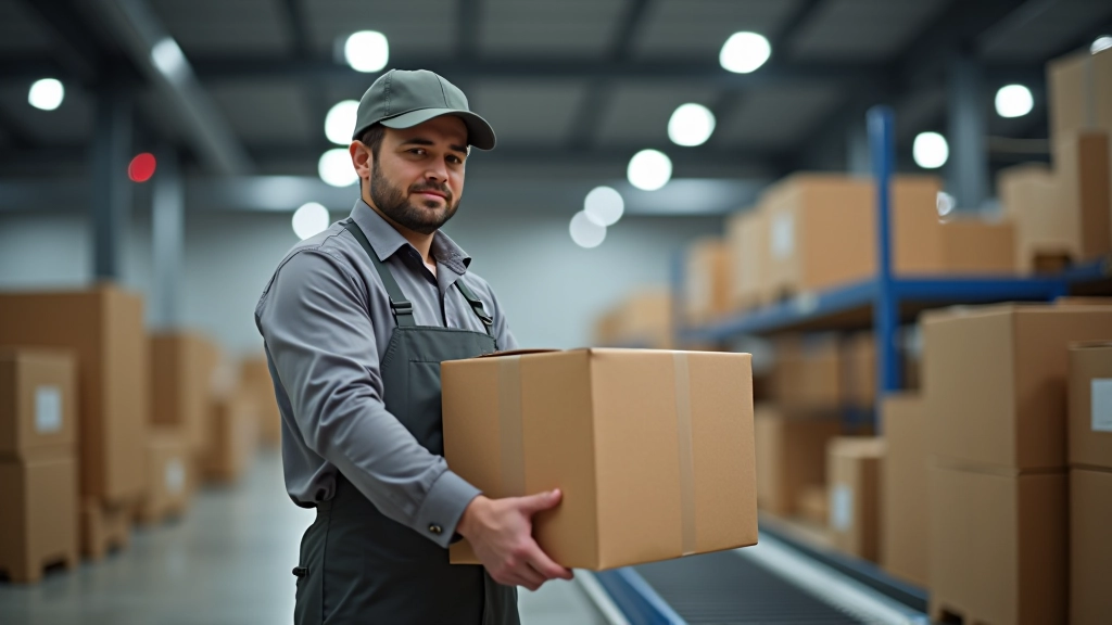 Přepravce balíčků a online nákupů v distribučním centru e-commerce